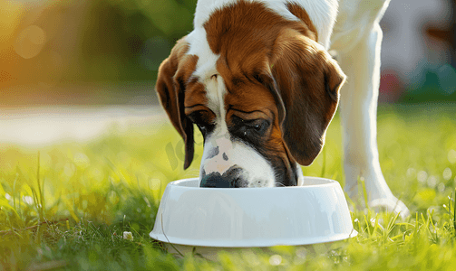 炎热的夏日口渴的圣伯纳德狗在户外喝白碗