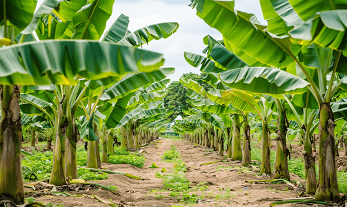 农民的生活的摄影照片_花园里的绿色香蕉树香蕉种植园香蕉叶自然景观