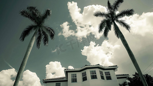 别墅海边椰树水面摄影照片