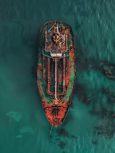 沉没摄影照片_一艘搁浅并倾覆的旧油轮的俯视图