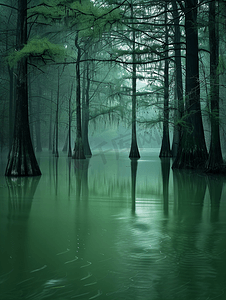 德克萨斯州东北部卡多湖的洪水森林中弥漫着一种神秘感