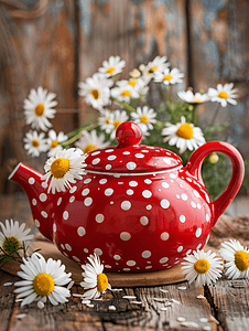 放射圆点摄影照片_木制背景上带圆点图案的红色复古茶壶带雏菊