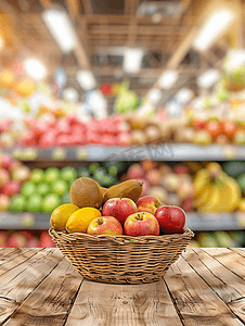 零售购物摄影照片_杂货店超市木桌上放有水果的购物篮模糊背景