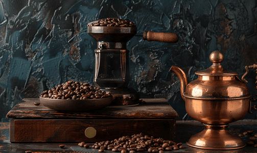 咖啡研磨机和烤豆上的铜锅