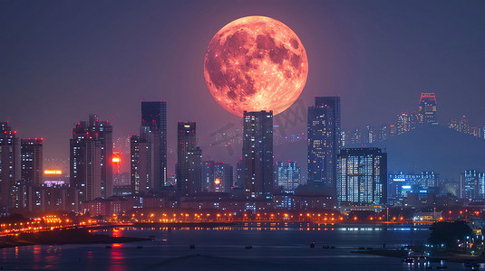 月亮城市灯光江面摄影照片