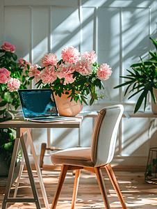 家庭办公概念椅、笔记本电脑桌和鲜花
