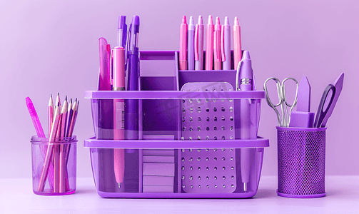 塑料盒中的紫色办公文具