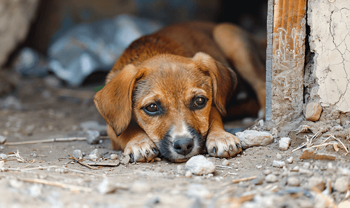 饥饿摄影照片_无家可归和饥饿的小狗被遗弃在洞里