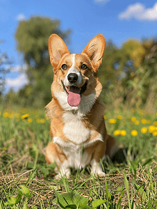 在草地上快乐活跃的纯种威尔士科基犬