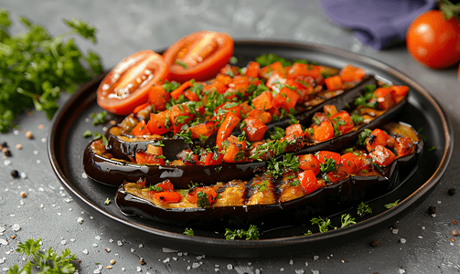 水泥背景黑色盘子上烤蔬菜茄子辣椒和胡萝卜