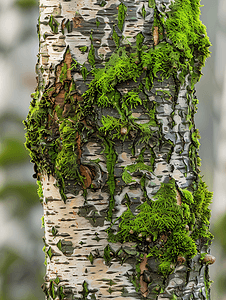 桦树老树干上长满青苔和粗糙的树皮