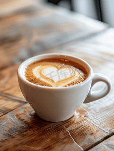 咖啡餐厅木桌上的白色咖啡杯中的心形拿铁艺术