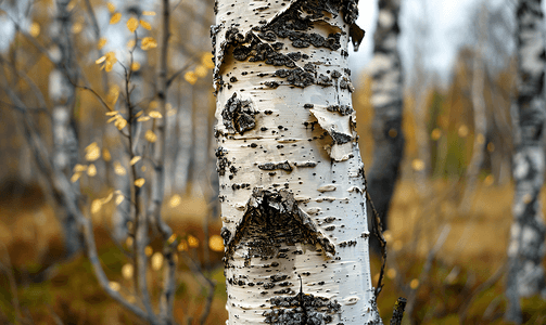 白桦树成熟树干上有皱纹的树皮