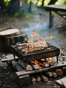 周末培班摄影照片_周末度假烧烤时用木头生火