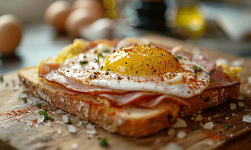 香肠鸡蛋摄影照片_面包烤奶酪配火腿和煎蛋配猪肉香肠