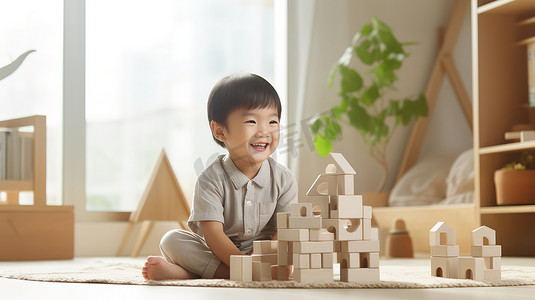 小男孩子在地板上玩积木高清图片