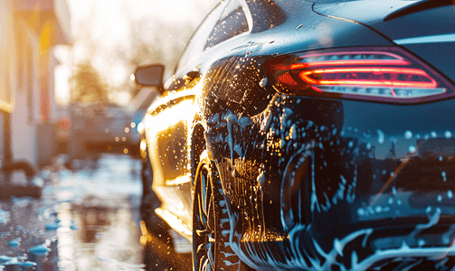 轿车图案摄影照片_洗车洗车黑色轿车热水喷射
