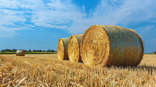 麦秸草垛堆放圆柱摄影照片
