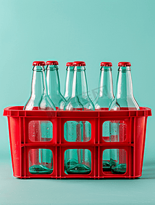 国潮海报案例分析摄影照片_装有空玻璃瓶的红色塑料箱