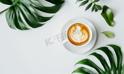 咖啡厅咖啡装在带有叶子设计的白色杯子中