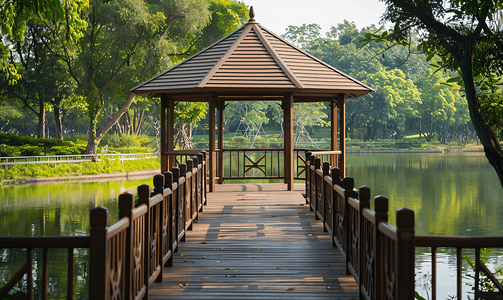对称背景摄影照片_公园池塘上的木制凉亭从前面