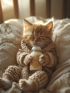 小猫抱着奶瓶睡觉摄影配图