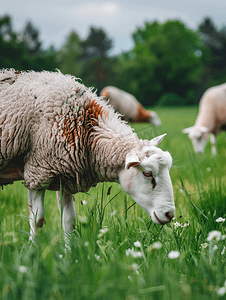 和牛摄影照片_家养的白羊和棕羊在草地上吃绿草农场的牛在牧场上吃草