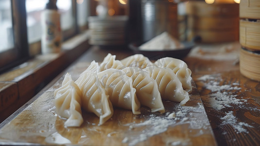 蛋煎饺子摄影照片_厨房板子上的饺子高清图片