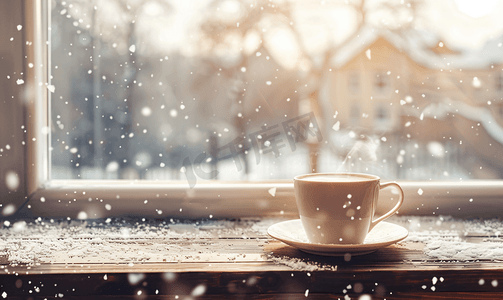 木桌上的热咖啡和窗外飘落的雪花