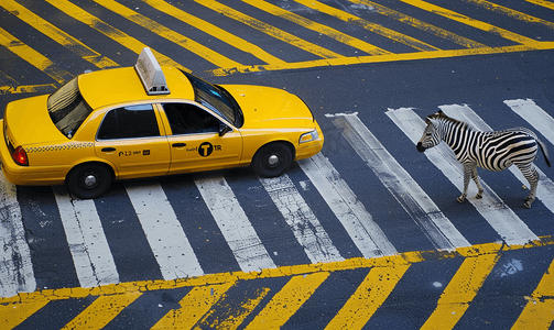 黄色和白色斑马线上的出租车