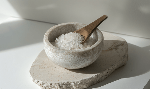 陶瓷盐窖带勺子和岩盐