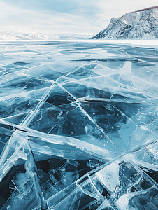 冬季贝加尔湖透明蓝色破裂的冰面