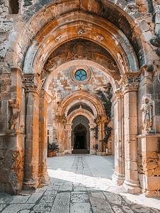 意大利雕塑摄影照片_西西里岛切法卢大教堂大门