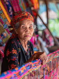 模糊的泰山部落老妇人的特写和作物织物正在编织