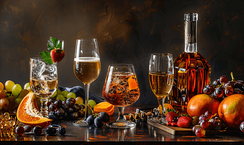 丰盛的自助餐威士忌波本香槟葡萄酒和水果