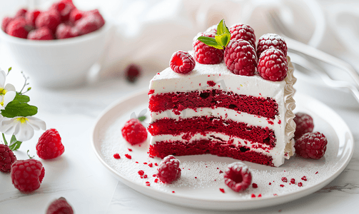 红色蛋糕摄影照片_奶油和覆盆子味的红色蛋糕