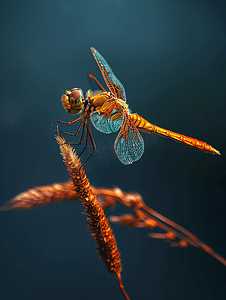 动物名片蜻蜓名片摄影照片_黑暗背景下蜻蜓栖息在干草叶上的特写