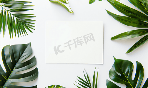 创意木板背景摄影照片_模型空白白色明信片热带棕榈叶