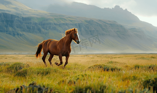 冰岛夏日棕色马在牲畜田野上奔跑