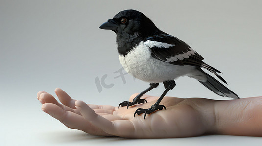 小鸟黑白手掌站立摄影照片