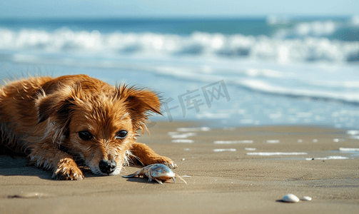 可爱鱼摄影照片_棕色有趣的狗在墨西哥海滩玩耍死鱼
