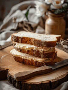 紫薯三明治摄影照片_面包和黄油三明治与餐刀