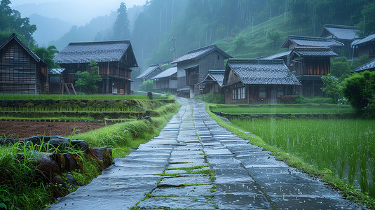 野外房屋石板路雾气摄影照片