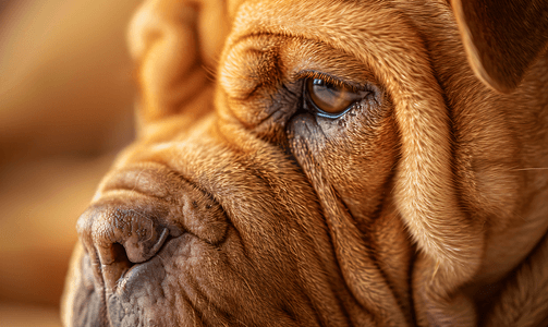 累了摄影照片_近距离拍摄一只棕褐色沙皮犬布满皱纹的脸