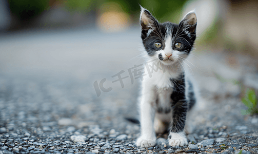 街上无家可归的小猫小宠物留着欢快小胡子的黑白小猫