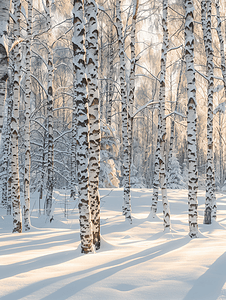 寒冷冬季积雪的桦树林