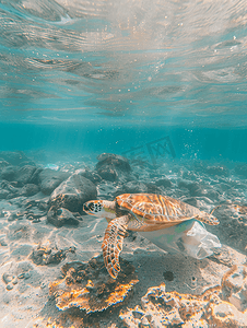环境污染鱼摄影照片_海龟吃塑料袋海洋污染概念