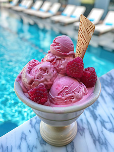 冰淇淋高清摄影图摄影照片_泳池边树莓冰淇淋甜点高清摄影图