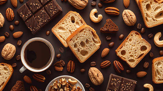 面包巧克力咖啡坚果摄影照片