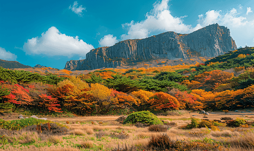 大麦天空摄影照片_韩国济州岛甘布里山秋景